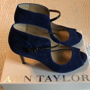 Ann Taylor Cobalt Suede Ankle Strap Peep Toe Heels